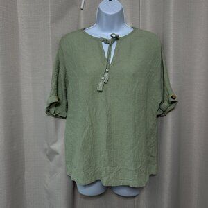 Soft Surroundings V Neck Roll Sleeve Tunic Top Women's Size M Green Tassel Tie